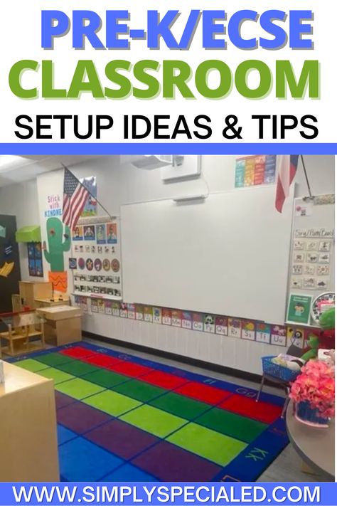 Wondering how to setup your ECSE classroom? Today I am giving you my top teaching tips for creating a positive classroom environment for your special education students. I share my calm are, my teacher desk area, whole group lesson area and more. Find ECSE classroom setup tips including student schedules, word walls, dramatic play centers and more. Centers For Prek Classroom, Prek Asd Classroom, Special Education Preschool Centers, Frogstreet Classroom Setup, Special Education Prek Classroom, Early Childhood Classroom Setup, Preschool Sped Classroom Setup, Preschool Teacher Desk Area Classroom Setup, Mixed Age Classroom Setup