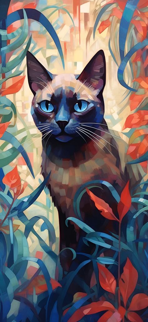 A Siamese cat peeks through the richly colored foliage of blue and red leaves, creating a strikingly beautiful scene. Cat Animation Wallpaper, Night Wallpapers, Cat Animation, Aesthetic Android, Ancient Library, Summer Wallpapers, Wallpaper Android, Summer Wallpaper, Cat Wallpaper