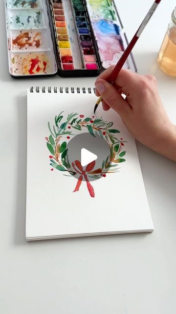 Anna Koliadych on Instagram: "Merry Christmas ❤️🎄. Sending love to you 🥰. Here is a cute and simple way to paint a Christmas wreath. #watercolor #christmasdecor #christmascard #watercolor" Watercolor Wreath Tutorial, Christmas Wreath Drawing, Somewhere In My Memory, Christmas Wreath Watercolor, Watercolor Christmas Wreath, Watercolor Supplies, Water Paint, Wreath Drawing, Easy Christmas Wreaths