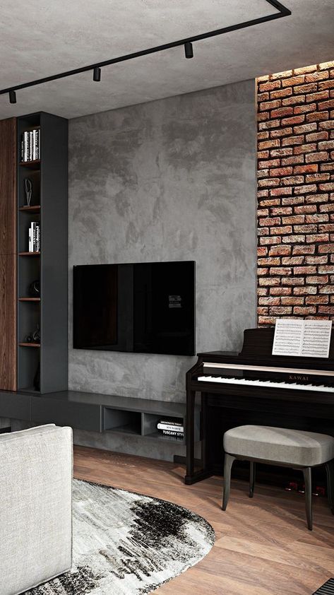 Industrial Living Room Fireplace, Industrial Tv Wall Design, Concrete Loft Interiors, Concrete Walls Interior Living Room, Industrial Look Living Room, Industrial Tv Room, Vietnam Interior Design, Bricks Interior Design, Bricks Living Room