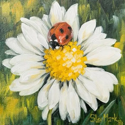 Animal Paintings Acrylic, Ladybug Art, Daisy Painting, Spring Painting, Small Canvas Art, Beginner Painting, Flower Art Painting, Mini Canvas Art, Painting Inspo