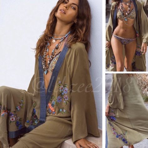 Embroidered Floral Bohemian Kimono Robe Swimsuit Cover-Up In Olive Green Brand New. Lightweight & Soft! Olive Green W/Vibrant Blue & Pink Floral Embroidery. Long Maxi Length, Wide Bell Sleeves, Open Front. One Size Fits Most (Fits Xs - Xl) Approx Measurements: Armpit To Pit 23” Length 52” Camo Green Dark Green Olive Green Kimono Cardigan Duster Robe Bathing Suit Swimsuit Bikini Cover Up Tropical Vacation Resort Pool Beach Honeymoon Bohemian Boho Hippie Hipster Goddess Romantic Sexy Flirty Fun Su Soft Olive Green, Y2k Cardigan, Green Kimono, Short Sleeve Kimono, Bohemian Kimono, Beach Honeymoon, Embroidered Kimono, Summer Kimono, Suit Swimsuit