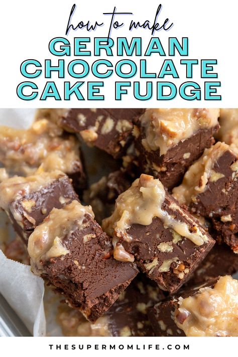 Cake Fudge Recipe, German Chocolate Fudge Recipe, Chocolate Cake Fudge, German Chocolate Fudge, Family Dessert Recipes, Camping Dessert Recipes, Fudge Flavors, Pecan Topping, Fudge Recipes Chocolate