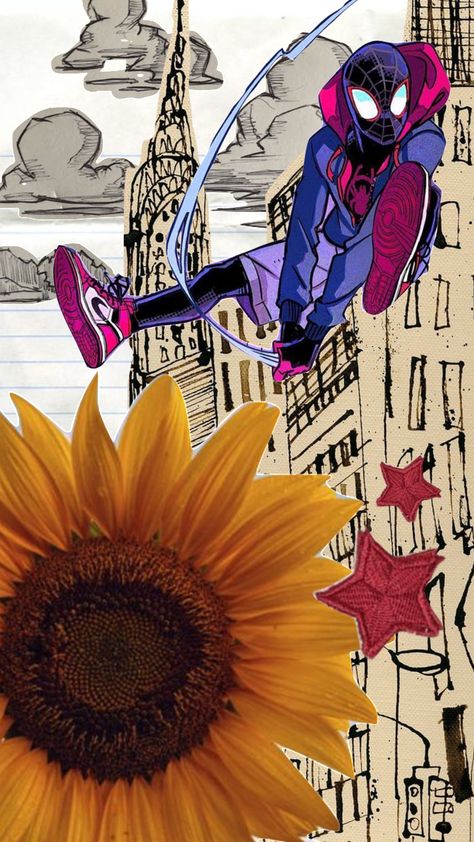 #spiderman #milesmorales #vintage #aesthetic #paper #marvel #newyork #sunflower #superhero Miles Morales Sunflower Wallpaper, Spiderman Sunflower Wallpaper, Miles Morales Sunflower, Miles Sunflower, Vintage Aesthetic Paper, Sunflower Spiderman, Miles Morales Vintage Poster, Miles Morales Collage Wallpaper, Spiderman Collage Wallpaper