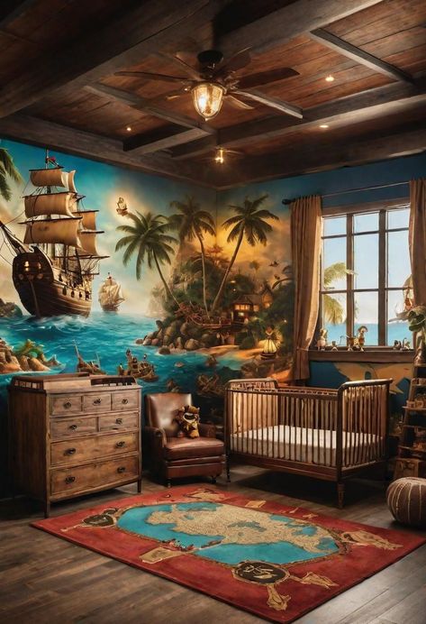 Pirates Bedroom, Pirate Ship Nursery, Pirate And Mermaid Shared Bedroom, Pirates Of The Caribbean Nursery, Boys Pirate Bedroom, Pirate Nursery, Baby Room Themes, Teenage Bedroom, Fantasy House