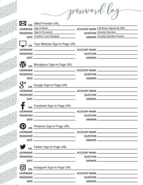 Pin by Daena Van Agteren on Planners printables in 2022 | Editable password, Password printable, Password keeper printable Password Template, Blog Planner Printable, Printable Password Log, Password Printable, Planners Printables, Budget Mom, Password Organizer, Emergency Binder, Password Keeper