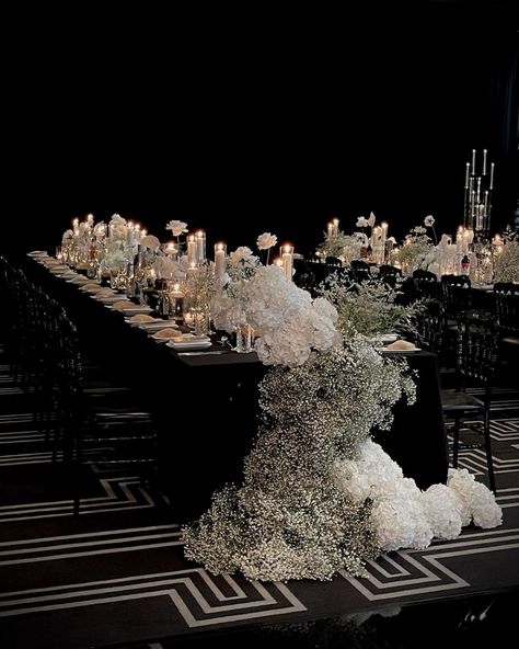 Black Wedding Decorations, Black And White Wedding Theme, Dream Wedding Reception, Dream Wedding Decorations, White Wedding Theme, Luxury Wedding Decor, Venue Decorations, Ceiling Installation, Wedding Decor Inspiration