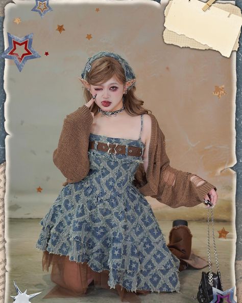 🤎Plus size friendly lucky stars punk rock basque waist denim dress. 🥳Matching with leg warmers, distressed holes cardigan and skirt. 👉Search' BC-HC-643' on devilinspired.com #devilinspired #kawaii #kawaiiaesthetic #kawaiidress #kawaiifashion Denim Skirt With Leg Warmers, Basque Waist, Kawaii Dress, Kawaii Aesthetic, Lucky Star, Kawaii Fashion, Leg Warmers, Punk Rock, Denim Dress