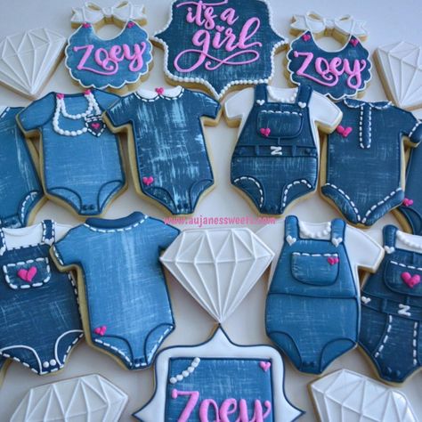 Jean Cookies, Denim Baby Shower, Denim Diamonds, Baby Shower Sugar Cookies, Shower 2023, Pearl Baby Shower, Denim And Pearls, Custom Sugar Cookies, Denim Party