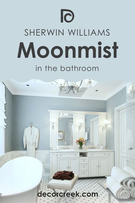 Moonmist SW-9144   in the Bathroom by Sherwin-Williams Moonmist Sherwin Williams, Sherwin Williams Moonmist, Moonmist Sw, Painting An Accent Wall, Bathroom Paint Colors Sherwin Williams, Girl Bathrooms, Accent Wall Paint, Bedroom Redo, Bathroom Paint Colors