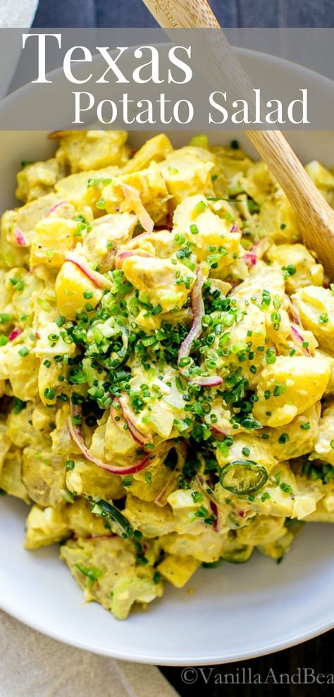 Tangy, crunchy, creamy, spicy! All the flavor notes in this vegetarian Texas Potato Salad! GF Texas Potatoes, Potato Salad Recipe, Cold Salad, East Texas, Potatoe Salad Recipe, Potato Dishes, Tex Mex, Summer Salads, Delicious Salads