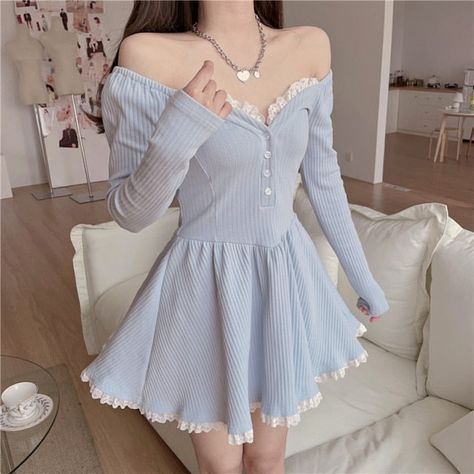 Kawaii Girl Outfits, Tight Knit Dress, Blue Knit Dress, Mode Kawaii, Sky Blue Dress, Hijau Mint, Soft Girl Outfits, Lace Trim Dress, Kawaii Fashion Outfits