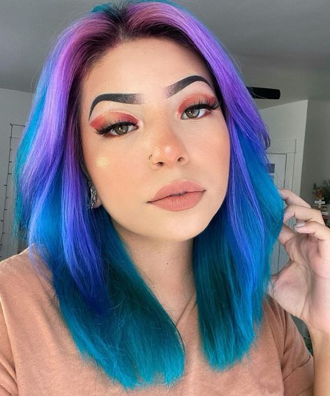 💜💙 @kreepyyy_ in Diluted Purple Rain + Aquamarine Purple Multicolor Hair, Bright Hair Colors Short, Colored Ombre Hair, Arctic Fox Purple, Bright Hair Color Ideas, Arctic Fox Purple Rain, Fox Hair Color, Multicolor Hair, Unicorn Hair Color