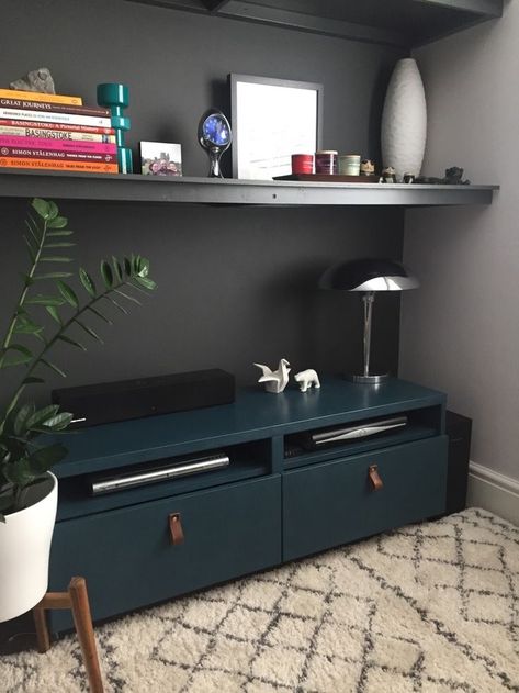 Kudos to the moody makeover of this popular IKEA TV cabinet Ikea Tv Cabinet, Tv Cabinet Ikea, Raskog Ikea, Ikea Tv Unit, Ikea Tv Stand, Colorful Homes, Ikea Tv, Tv Area, Media Room Design