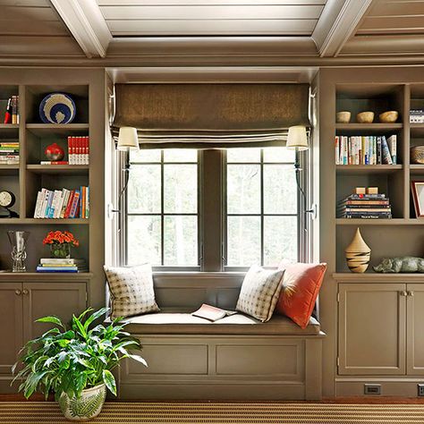 Paneled to Perfection - bookshelves and a window seat like this - maybe with the sconces on the front of the shelves? Ranch House Remodel, Window Seat Design, Collection Ideas, Window Benches, Home Library Design, غرفة ملابس, Home Modern, Remodel Bedroom, Popular Books