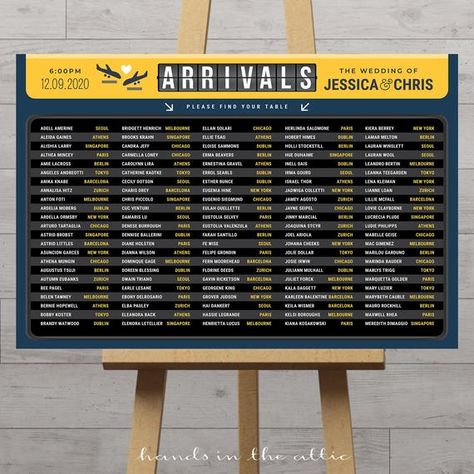 Wedding seating chart board airport arrivals, travel theme destination flight, alphabetical sign plan printable decorations DIGITAL Destination Wedding Seating Chart Ideas, Flight Theme Party, Airport Party Theme, Airport Theme Party, Travel Theme Party Decorations, Airport Party, Pilot Graduation, Travel Wedding Theme, Travel Party Decorations