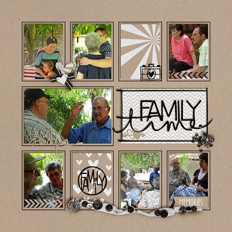 7 Picture Scrapbook Layout, 7 Photo Scrapbook Layout, Pretty Scrapbook Pages, Family Scrapbook Layouts Ideas, Family Scrapbook Ideas, Scrapbook Layouts Multiple Pictures, Scrapbook Multiple Photos, Family Scrapbook Layouts, Family Layout