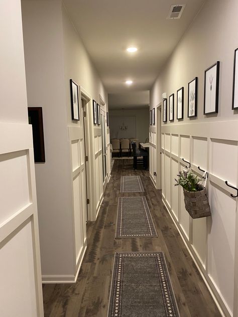 Hallway With Board And Batten, Long Hallway Board And Batten, Grey Board And Batten Wall, Grey Board And Batten, Hallway Board And Batten, Board And Batten Hallway, Tall Foyer, Black Hallway, Hallway Pictures