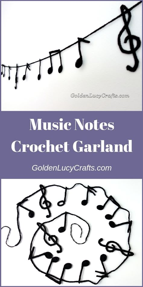 Music Notes crochet garland, crochet craft idea, crochet garland, crochet music notes Music Note Crochet Pattern, Music Crochet Patterns, Crochet Music Teacher Gifts, Crochet Musical Instruments, Crochet Gifts For Musicians, Crochet Music Notes Pattern Free, Crochet Instruments, Crochet Notes, Music Crochet