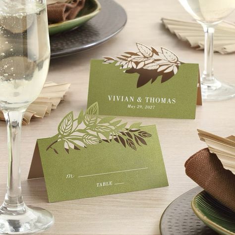 Perfect place card for a fall wedding or event! 🍂 A natural masterpiece, this tented place card showcases lush greenery that rises above the fold, adding a delightful, three-dimensional touch to your table decorations. Boost the impact of this romantic place card by selecting a complementary color for the inside, or choose the same color for a classic look. Featured: Lasered Leaves Place Card Item Number TWSN64855 #fallweddinginspiration #fallweddings #receptiondecor #placecards #lasercutp... Fall Place Cards, Place Cards Diy, Diy Place Cards, Table Name Cards, Wedding Name Cards, Table Tents, Wedding Name, Wedding Inspiration Fall, Tent Cards