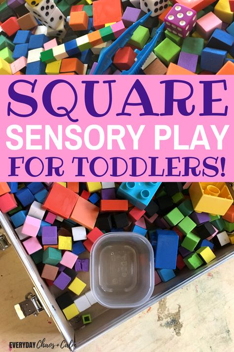 Sensory Bin Activities: Help your toddler learn shapes with this fun square sensory bin! Sensory Bin Activities, Learn Shapes, Sensory Tubs, Sensory Activities Toddlers, Shapes Preschool, Sensory Bottles, Sensory Table, Shapes Activities, Toddler Snacks