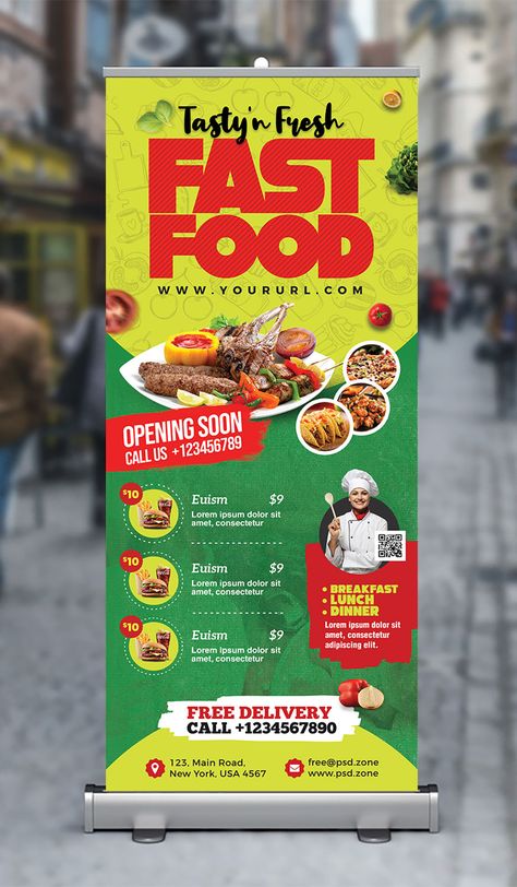 Fast Food Restaurant Roll Up Banner PSD - PSD Zone Standy Ads For Food, Food Banners Designs, Restaurant Standee Design, Roll Up Banner Design Food, Fast Food Poster Design Ideas, Standy Ads Design, Advertisment Posters Ideas, Food Standee Design, Food Banner Design Ideas