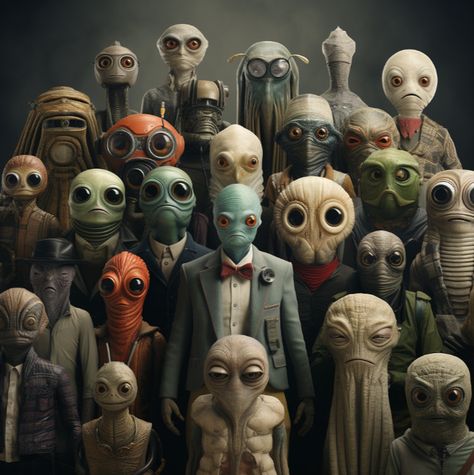 A bit of Ai fun with a few friendly aliens posing for a group shot. Quantum Realm, Brain Storm, Alien Party, Other Galaxies, Grey Alien, Arte Alien, Visual Development, Family Pictures, A Group