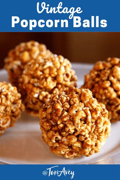 Vintage Popcorn Balls - Learn to make candied popcorn balls the old fashioned way. A vintage treat for Halloween, carnivals, festivals, or just because! | ToriAvey.com #popcornballs #vintagerecipe #halloweenrecipe #fallrecipe #popcorn #candymaking #TorisKitchen Carmel Popcorn Balls, Popcorn Balls Recipe Easy, Halloween Popcorn Balls, Candied Popcorn, Caramel Popcorn Balls, Popcorn Balls Recipe, Popcorn Recipes Easy, Vintage Popcorn, Popcorn Treats