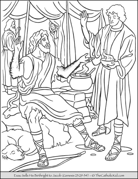 Esau Sells Birthright to Jacob Coloring Page - TheCatholicKid.com Jacob And Esau Coloring Page, Isaac And Rebekah, Jacob And Esau, Thanksgiving Coloring Sheets, Fish Outline, Sunday School Coloring Pages, Fish Coloring Page, Preschool Coloring Pages, School Coloring Pages