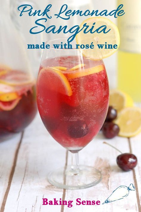 Pink Lemonade Sangria is made with dry rosé wine, Limoncello, fresh lemons, cherries & raspberries. This Rose Wine sangria is the perfect summer sipper. #recipe #easy #summer cocktails #rose wine #fresh fruit #lemonade #limoncello Pink Lemonade Sangria, Rose Wine Sangria, Alcohol Treats, Sangria Summer, Fruit Lemonade, Lemonade Sangria, Sangria Drink, Cocktail Pink, Summer Vodka Cocktails