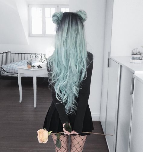 Love this gorgeous odango inspired hair with dark roots to a minty blue graident, the dress and those fishnets have a gorgeous gothic against clean and modern vibe with the environment. Fete Emo, Festival Inspo, Space Buns, Coloured Hair, Hair Color Pastel, Trendy Hair Color, Trendy Hair, Scene Hair, Pastel Hair