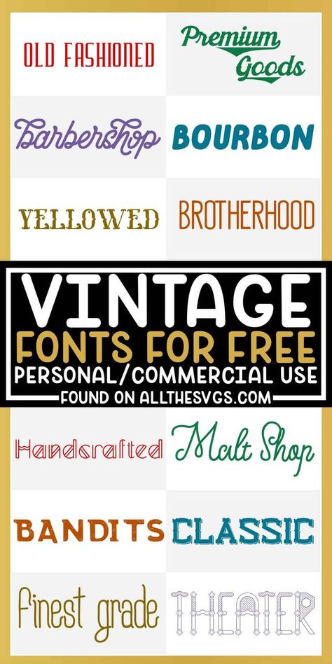 FREE VINTAGE FONTS for professional graphic design, poster, logo, Cricut, Silhouette. Best, most popular top typography font family collection typeface. Bold thick fonts, calligraphy cursive script. Retro shabby chic rustic, Western, handwritten, modern, minimalist, masculine, feminine, cute, trendy, stylish, beautiful, elegant, clean, cool, simple sans serif. Download ttf files for Word Photoshop iPhone. Alphabet dingbats glyphs with tails. Free for commercial use license Bullet Font, Free Vintage Fonts, Thick Fonts, Masculine Font, Calligraphy Cursive, Popular Free Fonts, Fonts For Commercial Use, Fonts For Cricut, Silhouette Cameo Crafts