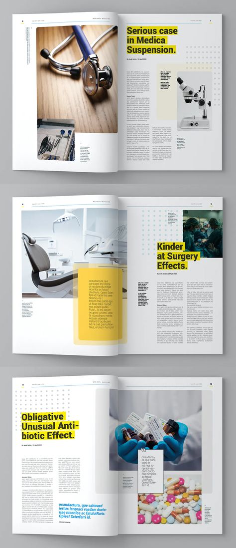 Medicine Magazine Template InDesign - 15 custom pages design Magazines Layout Design, Education Magazine Layout, Book Magazine Design, Magazine Inside Page Design, Medical Magazine Design, Science Magazine Design, Science Magazine Layout, Magazine Spread Design, Medical Magazine