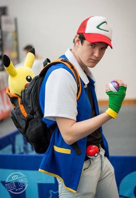 DIY Pokemon Ash Ketchum Costume | Your Costume Idea for Halloween, Mardi Gras and Carnival Ash Ketchum Halloween Costume, Ash Pokemon Costume, Ash Ketchum Costume, Ketchup Costume, Ash Ketchum Cosplay, Ash Costume, Pokemon Halloween Costume, Diy Pokemon, Pikachu Costume