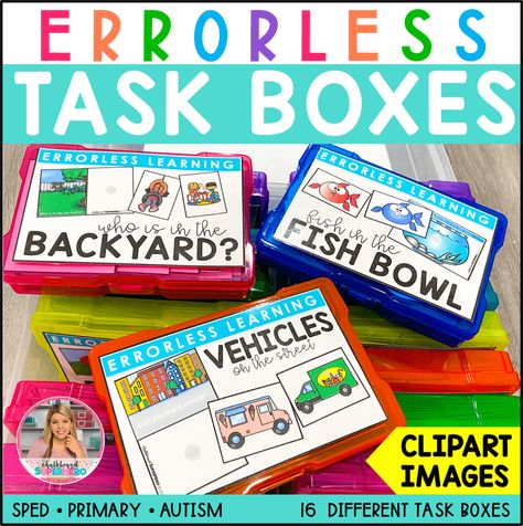 Errorless Learning Task Boxes -clipart - COVER IMAGE - 7181026 (1) Task Boxes Preschool, Errorless Learning, Aba Activities, Sped Resources, Structured Teaching, Crayon Storage, Masters Program, Work Bins, Life Skills Curriculum