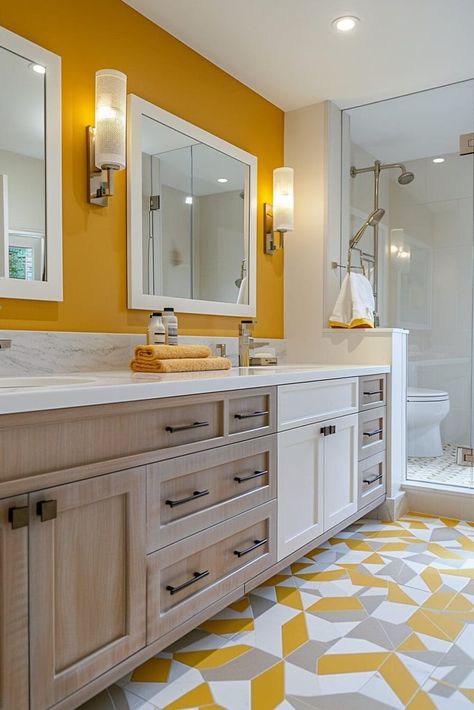 25 Yellow Bathroom Ideas That Will Make You Smile Wider Than a Banana Yellow Bathroom Ideas, Yellow Accent Walls, Boho Texture, Yellow Bathroom, Fluffy Towels, Yellow Bathrooms, Yellow Walls, A Banana, Yellow Accents