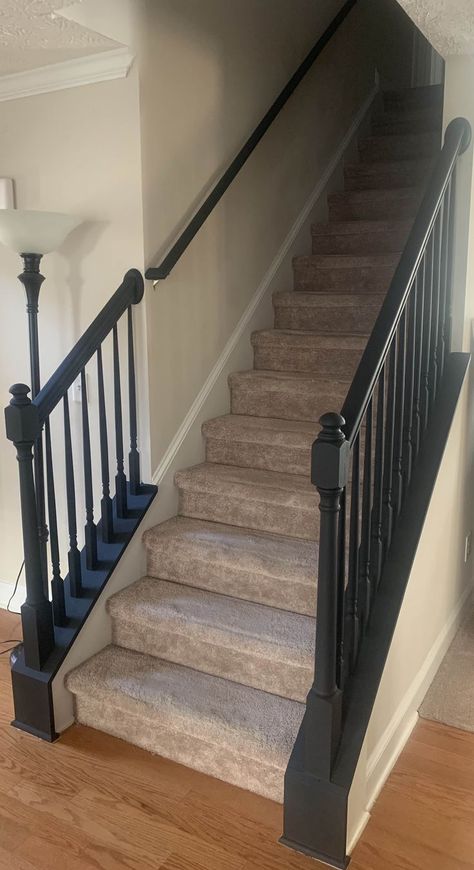 Easy way to update your home's stair railing is with a quick coat of paint. This update took a couple of hours, but created a huge effect. 🤤 Black Railing Stairs, Black Painted Stairs, Painted Stair Railings, Black Stair Railing, Black Railing, Black Stairs, Staircase Remodel, Staircase Makeover, Painted Stairs