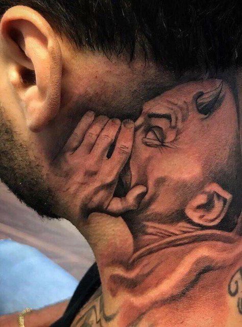 Can you hear it ?....the devil is whispering something in your ears Tato Naruto, Best Neck Tattoos, Tato Naga, Devil Tattoo, Demon Tattoo, Chicano Tattoos, Neck Tattoo For Guys, Geniale Tattoos, 3d Tattoos