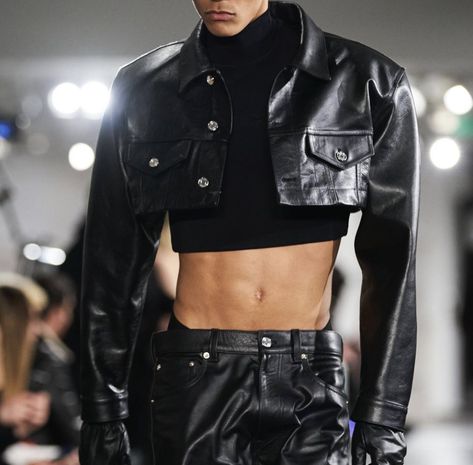 Cropped Leather Jacket Men, Men Crop Top Outfit, Crop Top Outfits Men, Men Crop Top, Cropped Jacket Outfit, Crop Top Men, Dark Outfit, Revealing Outfit, Mens Crop Top