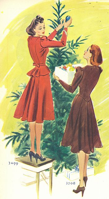 Trimming the tree is such lovely style! #vintage #1930s #1940s #dresses #Christmas Images Noêl Vintages, Holidays Ideas, Vintage Christmas Images, Tree Decorating, Mid Century Christmas, Old Fashioned Christmas, Illustration Vintage, Christmas Past, Christmas Memory