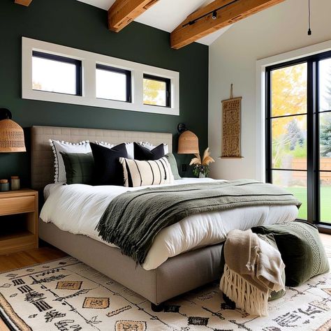 bedroom_green_accent_wall_grey_bed (36) Green Contemporary Bedroom, Green Bedroom Blue Accents, Green Accent Wall Bedroom Bedding, Dark Olive Green Accent Wall Bedroom, Rooms With Green Accent Wall, Green Statement Wall Bedroom, Guest Room Wall Decor Ideas, Bottle Green Bedroom, Emerald Green Accent Wall Bedroom