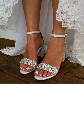 White High Heel Sandals, White Bridal Shoes, White Stilettos, Ankle Strap Chunky Heels, Ivory Shoes, White High Heels, White Studs, Rhinestone Sandals, Chunky High Heels