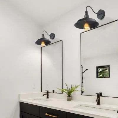 1-Light Black Gooseneck Farmhouse Lighting Barn Sconce (2-Pack) Mirrors And Lights, London Bathroom, Master Addition, Black Bathroom Light, Bathroom Mirror Design, Farmhouse Wall Sconces, Modern Vanity Lighting, Black Vanity Light, Modern Inspiration