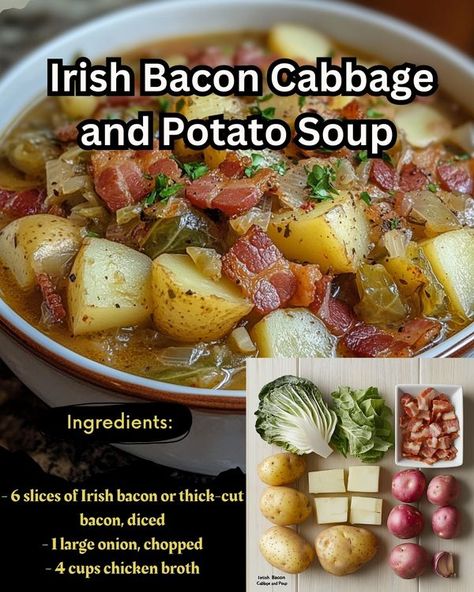 Gravey Recipe, Irish Potatoes Recipe, Potato Cabbage Soup, Cabbage And Potato Soup, Irish Dinner Recipes, Bacon Cabbage, Cabbage Potato Soup, Potato Cabbage, Irish Bacon