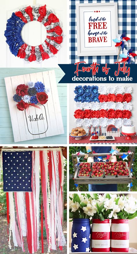 Check out these cute and creative decorations you can make for the Fourth of July! So many absolutely darling patriotic crafts and decor you can make. Forth Of July Decor Diy, Homemade Fourth Of July Decorations, Fourth Of July Decorations Diy, Fouth Of July Desserts, Fourth Of July Diy Decor, Diy Fourth Of July Decorations, Fourth Of July Crafts, American Flag Crafts, 4th Of July Games