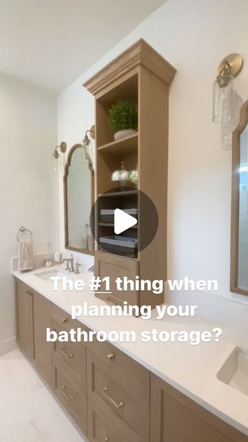 Toni Roberts, Design Dazzle on Instagram: "When planning your bathroom storage, make sure to organize a spot for UGLY things! I really dislike seeing cluttered counters. This cabinet helps hide all of that. Skincare, body products, oils, etc are neatly organized on a turntable and easy to grab. Additionally, I had an electrical outlet installed inside the cabinet for conveniently keeping accessories plugged in. My husband and I each have our own basket for our vitamins, which is a nice touch to keep the ugly containers out of site. #bathroomdesigntips #bathroomideas #bathroomstorage #masterbathroom #bathroomdesign #hidetheugly #cabinetstorage #cabinetcubby #newbuild #homebuildingjourney #newconstruction" Bathroom Countertop Cabinet, Ugly Things, Countertop Cabinet, Bathroom Countertop, Bath Ideas, Design Hack, Kids Bathroom, Electrical Outlets, Kids' Bathroom