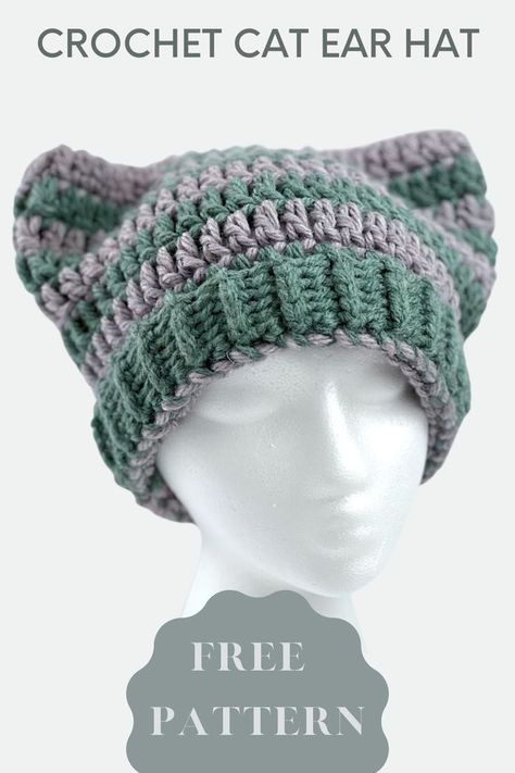 a mannequin head display wearing a crochet beanie with cat ears. Cat Ear Beanie Crochet Pattern, Cat Ear Hat Crochet Pattern, Cat Ear Hat Pattern, Cat Hat Pattern, Gato Crochet, Cat Ear Hat, Beanie Pattern Free, Cat Ear Beanie, Crochet Beanie Pattern Free