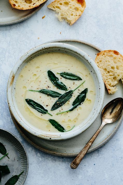 Fried Sage, Artichoke Soup, Truffle Oil, Sage Leaves, Think Food, Bowl Of Soup, Soup And Salad, Artichoke, A Bowl