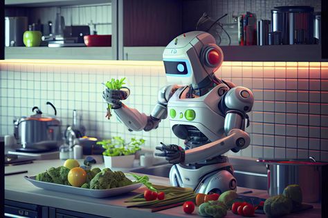 Robot chef cooking in kitchen of future home genius, smart robot working in modern house Robot Chef, Cooking Robot, Cooking In Kitchen, Cook Pictures, Idea Story, Smart Robot, Chef Cooking, Future Home, The Robot