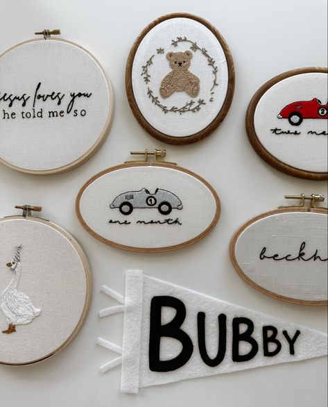 Nursery Embroidery Pattern, Embroidered Baby Announcement, Little Boy Embroidery Ideas, Baby Announcement Embroidery, Baby Boy Embroidery Ideas, Baby Embroidery Ideas Boys, Lilly Embroidery, Boy Embroidery Ideas, Hand Embroidery Gift Ideas